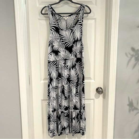 Terra & Sky Midi Tropical Racerback Black White Leaf Print Dress Plus Size 0 - Picture 1 of 11